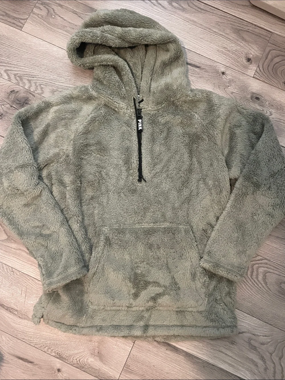 PINK Victoria's Secret Olive Green Sherpa Half-Zip Hoodie